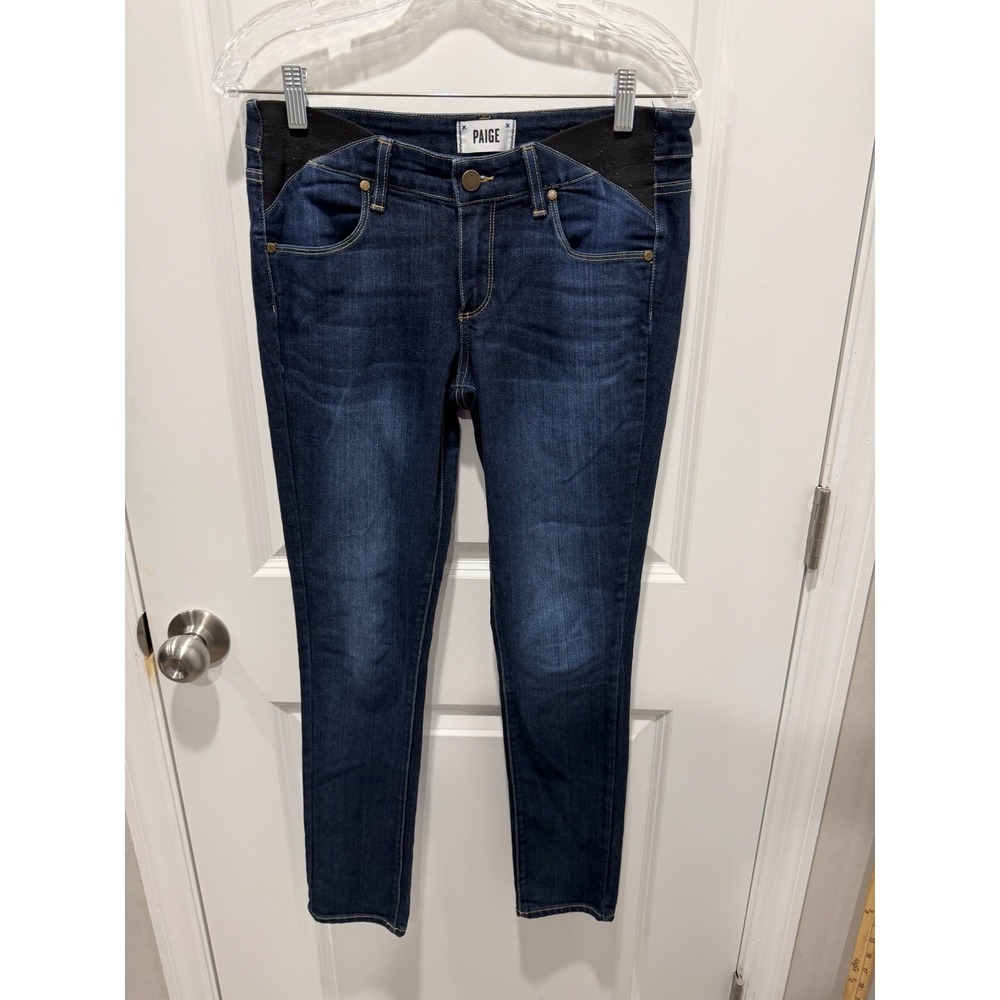 PAIGE Womens Skyline Ankle Peg Maternity Side Panel Dark Wash Blue Jeans 27